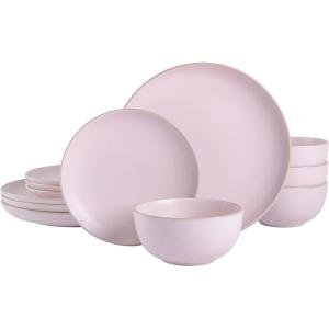 image:imageGibson Home Dempsey Road 12Piece Stoneware Dinnerware Set  Service for 4 Round Black Plates and Bowls Durable Solid Color Modern Embossed Dish Set Microwave amp Dishwasher SafePink Rockaway