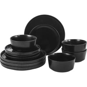 image:imageGibson Home Dempsey Road 12Piece Stoneware Dinnerware Set  Service for 4 Round Black Plates and Bowls Durable Solid Color Modern Embossed Dish Set Microwave amp Dishwasher SafeBlack Dempsey Road