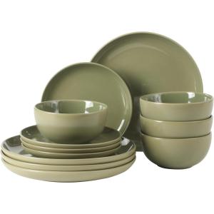 image:imageGibson Home Dempsey Road 12Piece Stoneware Dinnerware Set  Service for 4 Round Black Plates and Bowls Durable Solid Color Modern Embossed Dish Set Microwave amp Dishwasher SafeGreen Rockaway  MatteShiny