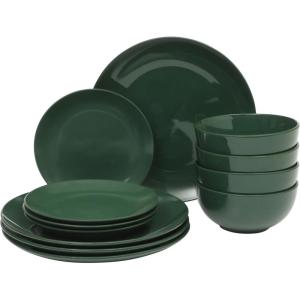 image:imageGibson Home Dempsey Road 12Piece Stoneware Dinnerware Set  Service for 4 Round Black Plates and Bowls Durable Solid Color Modern Embossed Dish Set Microwave amp Dishwasher SafeHunter Green Simple Essential