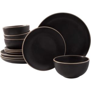 image:imageGibson Home Dempsey Road 12Piece Stoneware Dinnerware Set  Service for 4 Round Black Plates and Bowls Durable Solid Color Modern Embossed Dish Set Microwave amp Dishwasher SafeBlack Rockaway
