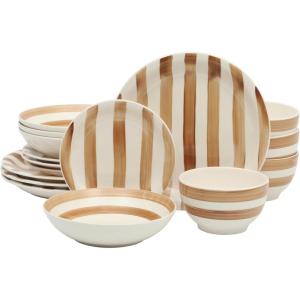 image:imageGibson Home Dempsey Road 12Piece Stoneware Dinnerware Set  Service for 4 Round Black Plates and Bowls Durable Solid Color Modern Embossed Dish Set Microwave amp Dishwasher SafeBrown Striped Kenwood Shores