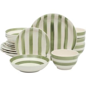 image:imageGibson Home Dempsey Road 12Piece Stoneware Dinnerware Set  Service for 4 Round Black Plates and Bowls Durable Solid Color Modern Embossed Dish Set Microwave amp Dishwasher SafeGreen Striped Kenwood Shores