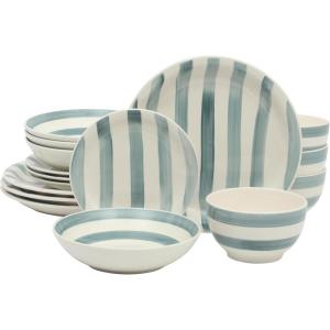 image:imageGibson Home Dempsey Road 12Piece Stoneware Dinnerware Set  Service for 4 Round Black Plates and Bowls Durable Solid Color Modern Embossed Dish Set Microwave amp Dishwasher SafeBlue Striped Kenwood Shores