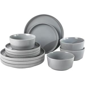 image:imageGibson Home Dempsey Road 12Piece Stoneware Dinnerware Set  Service for 4 Round Black Plates and Bowls Durable Solid Color Modern Embossed Dish Set Microwave amp Dishwasher SafeGrey Dempsey Road