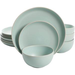image:imageGibson Home Dempsey Road 12Piece Stoneware Dinnerware Set  Service for 4 Round Black Plates and Bowls Durable Solid Color Modern Embossed Dish Set Microwave amp Dishwasher SafeMatte Teal Rockaway
