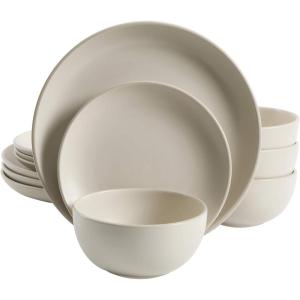 image:imageGibson Home Dempsey Road 12Piece Stoneware Dinnerware Set  Service for 4 Round Black Plates and Bowls Durable Solid Color Modern Embossed Dish Set Microwave amp Dishwasher SafeCream Rockaway