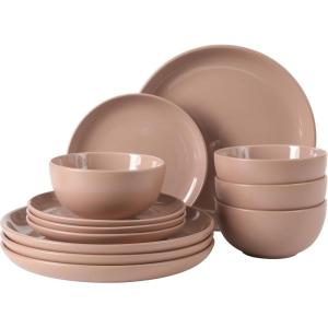 image:imageGibson Home Dempsey Road 12Piece Stoneware Dinnerware Set  Service for 4 Round Black Plates and Bowls Durable Solid Color Modern Embossed Dish Set Microwave amp Dishwasher SafePink Rockaway  MatteShiny