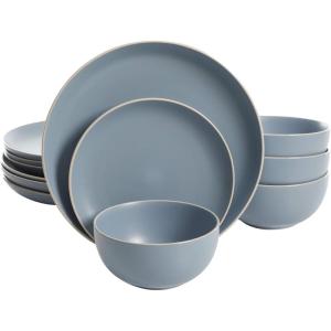 image:imageGibson Home Dempsey Road 12Piece Stoneware Dinnerware Set  Service for 4 Round Black Plates and Bowls Durable Solid Color Modern Embossed Dish Set Microwave amp Dishwasher SafeBlue Rockaway