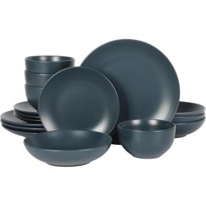 image:imageGibson Home Dempsey Road 12Piece Stoneware Dinnerware Set  Service for 4 Round Black Plates and Bowls Durable Solid Color Modern Embossed Dish Set Microwave amp Dishwasher SafeMatte Blue Queenslane