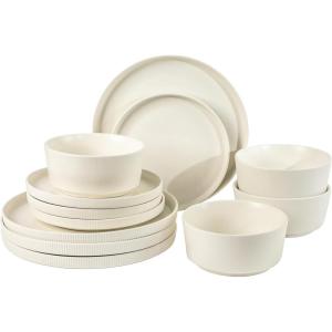 image:imageGibson Home Dempsey Road 12Piece Stoneware Dinnerware Set  Service for 4 Round Black Plates and Bowls Durable Solid Color Modern Embossed Dish Set Microwave amp Dishwasher SafeWhite Dempsey Road