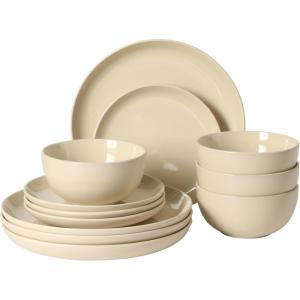 image:imageGibson Home Dempsey Road 12Piece Stoneware Dinnerware Set  Service for 4 Round Black Plates and Bowls Durable Solid Color Modern Embossed Dish Set Microwave amp Dishwasher SafeWarm Cream Rockaway