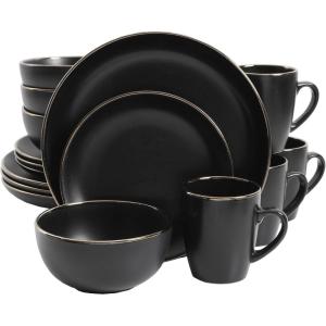 image:imageGibson Home Dempsey Road 12Piece Stoneware Dinnerware Set  Service for 4 Round Black Plates and Bowls Durable Solid Color Modern Embossed Dish Set Microwave amp Dishwasher SafeBlackGold Rim Rockaway