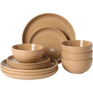 image:imageGibson Home Dempsey Road 12Piece Stoneware Dinnerware Set  Service for 4 Round Black Plates and Bowls Durable Solid Color Modern Embossed Dish Set Microwave amp Dishwasher SafeBeige Rockaway