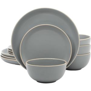 image:imageGibson Home Dempsey Road 12Piece Stoneware Dinnerware Set  Service for 4 Round Black Plates and Bowls Durable Solid Color Modern Embossed Dish Set Microwave amp Dishwasher SafeMatte Grey Rockaway