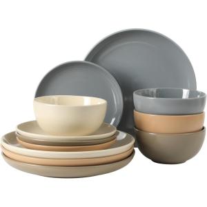 image:imageGibson Home Dempsey Road 12Piece Stoneware Dinnerware Set  Service for 4 Round Black Plates and Bowls Durable Solid Color Modern Embossed Dish Set Microwave amp Dishwasher SafeAssorted Colors Rockaway  MatteShiny