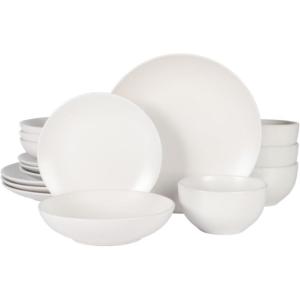image:imageGibson Home Dempsey Road 12Piece Stoneware Dinnerware Set  Service for 4 Round Black Plates and Bowls Durable Solid Color Modern Embossed Dish Set Microwave amp Dishwasher SafeMatte White Queenslane