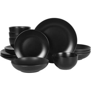 image:imageGibson Home Dempsey Road 12Piece Stoneware Dinnerware Set  Service for 4 Round Black Plates and Bowls Durable Solid Color Modern Embossed Dish Set Microwave amp Dishwasher SafeMatte Black Queenslane