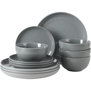 image:imageGibson Home Dempsey Road 12Piece Stoneware Dinnerware Set  Service for 4 Round Black Plates and Bowls Durable Solid Color Modern Embossed Dish Set Microwave amp Dishwasher SafeBlue Rockaway  MatteShiny