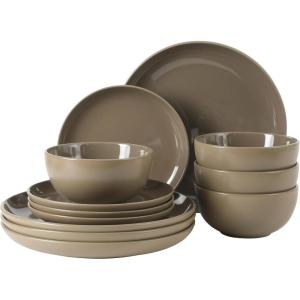 image:imageGibson Home Dempsey Road 12Piece Stoneware Dinnerware Set  Service for 4 Round Black Plates and Bowls Durable Solid Color Modern Embossed Dish Set Microwave amp Dishwasher SafeBrown Rockaway  MatteShiny