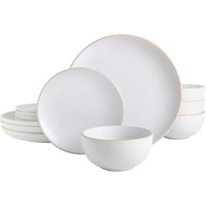 image:imageGibson Home Dempsey Road 12Piece Stoneware Dinnerware Set  Service for 4 Round Black Plates and Bowls Durable Solid Color Modern Embossed Dish Set Microwave amp Dishwasher SafeWhite Rockaway