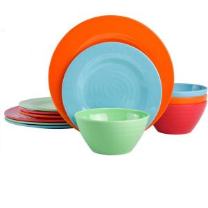 image:imageGibson Home Fairhope 12Piece Matte Black Melamine Dinnerware Set  Durable Lightweight Plates and Bowls Kitchen Dining SetAssorted II