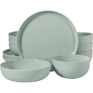 image:imageGibson Home Fairhope 12Piece Matte Black Melamine Dinnerware Set  Durable Lightweight Plates and Bowls Kitchen Dining SetGreen Matte ExteriorShiny Interior