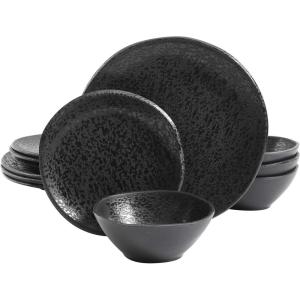 image:imageGibson Home Fairhope 12Piece Matte Black Melamine Dinnerware Set  Durable Lightweight Plates and Bowls Kitchen Dining SetMatte Black