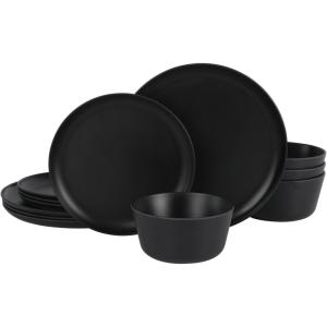 image:imageGibson Home Fairhope 12Piece Matte Black Melamine Dinnerware Set  Durable Lightweight Plates and Bowls Kitchen Dining SetMatte Black Fairhope