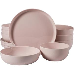 image:imageGibson Home Fairhope 12Piece Matte Black Melamine Dinnerware Set  Durable Lightweight Plates and Bowls Kitchen Dining SetPink Matte ExteriorShiny Interior