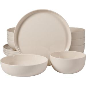 image:imageGibson Home Fairhope 12Piece Matte Black Melamine Dinnerware Set  Durable Lightweight Plates and Bowls Kitchen Dining SetTaupe Cream Matte ExteriorShiny Interior
