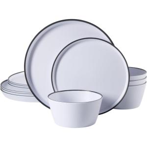 image:imageGibson Home Fairhope 12Piece Matte Black Melamine Dinnerware Set  Durable Lightweight Plates and Bowls Kitchen Dining SetWhite w Black Rim