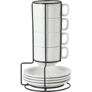 image:imageGibson Home Gracious Dining 3Ounce Espresso Cups Set of 4 Small Stackable Coffee Cups with 4 Saucers Metal Stand Ceramic Demitasse Mugs Espresso Accessories for MachineWhite Gracious Dining Cappuccino