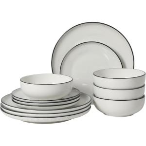 image:imageGibson Home Havenstone 12Piece Porcelain Dinnerware Set  Dinner Plates Salad Plates amp Bowls Classic White Everyday Dish Set for Home Kitchen Microwave amp Dishwasher SafeWhite w Black Rim Havenstone