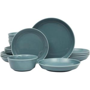 image:imageGibson Home Melbourne White Plates and Bowls Set 16 Piece Embossed Ceramic Dinnerware Set  Service for 4 Dishes  With Pasta BowlBlue Summer Shades