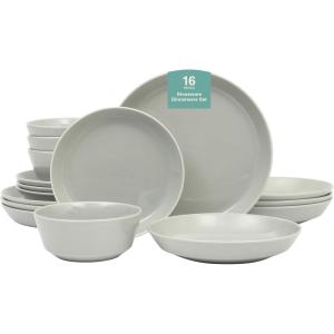 image:imageGibson Home Melbourne White Plates and Bowls Set 16 Piece Embossed Ceramic Dinnerware Set  Service for 4 Dishes  With Pasta BowlGrey Summer Shades