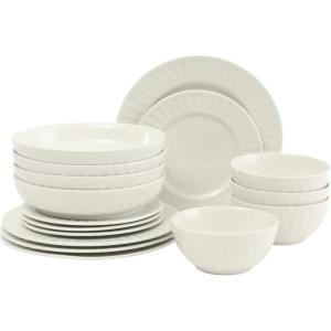 image:imageGibson Home Melbourne White Plates and Bowls Set 16 Piece Embossed Ceramic Dinnerware Set  Service for 4 Dishes  With Pasta BowlWhite Melbourne