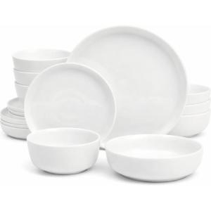 image:imageGibson Home Melbourne White Plates and Bowls Set 16 Piece Embossed Ceramic Dinnerware Set  Service for 4 Dishes  With Pasta BowlWhite Oslo