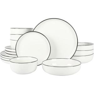 image:imageGibson Home Melbourne White Plates and Bowls Set 16 Piece Embossed Ceramic Dinnerware Set  Service for 4 Dishes  With Pasta BowlWhite w Black Rim Oslo