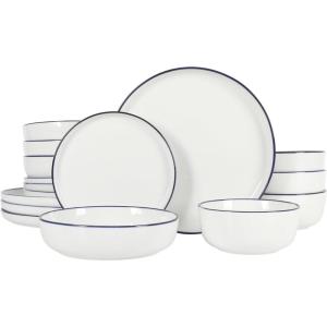 image:imageGibson Home Melbourne White Plates and Bowls Set 16 Piece Embossed Ceramic Dinnerware Set  Service for 4 Dishes  With Pasta BowlWhite w Blue Rim Oslo