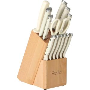 image:imageSur La Table Kitchen Essentials 14 Piece Cutlery Set German Steel Forged Knives Beech Wood Block Chef Santoku Bread Steak Knives Shears amp Sharpener  Linen WhiteLinen White 14pc Set