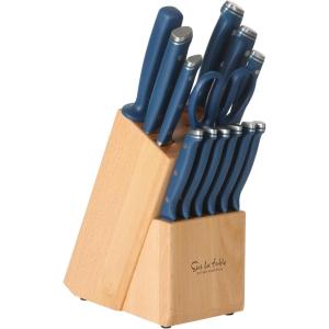 image:imageSur La Table Kitchen Essentials 14 Piece Cutlery Set German Steel Forged Knives Beech Wood Block Chef Santoku Bread Steak Knives Shears amp Sharpener  Linen WhiteBlue 14pc Set