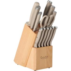 image:imageSur La Table Kitchen Essentials 14 Piece Cutlery Set German Steel Forged Knives Beech Wood Block Chef Santoku Bread Steak Knives Shears amp Sharpener  Linen WhiteTaupe 14pc Set