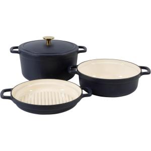 image:imageSur La Table Kitchen Essentials 4Piece Enameled Cast Iron Stackable Cookware Set 53 Qt Dutch Oven with Lid Braiser amp Grill Pan Navy Blue Gold Knob Oven Safe to 500F Induction CompatibleNavy Blue w Gold Knob Cookware Set