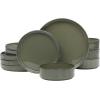 image:imageGibson Elite Humphrey Lane 12 Piece Service for 4 Plates and Bowls Reactive Glaze Dishes Stoneware Ceramic Dinnerware Set  WhiteDark Green Townscape
