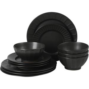 image:imageGibson Elite Humphrey Lane 12 Piece Service for 4 Plates and Bowls Reactive Glaze Dishes Stoneware Ceramic Dinnerware Set  WhiteBlack Winchester Way
