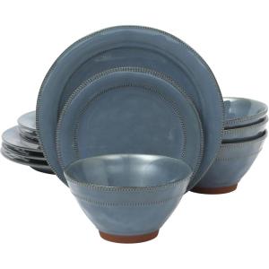 image:imageGibson Elite Humphrey Lane 12 Piece Service for 4 Plates and Bowls Reactive Glaze Dishes Stoneware Ceramic Dinnerware Set  WhiteBlue Terranea