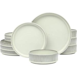 image:imageGibson Elite Humphrey Lane 12 Piece Service for 4 Plates and Bowls Reactive Glaze Dishes Stoneware Ceramic Dinnerware Set  WhiteCream White Townscape