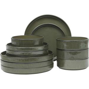 image:imageGibson Elite Humphrey Lane 12 Piece Service for 4 Plates and Bowls Reactive Glaze Dishes Stoneware Ceramic Dinnerware Set  WhiteDark Green Townscape