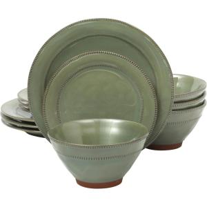 image:imageGibson Elite Humphrey Lane 12 Piece Service for 4 Plates and Bowls Reactive Glaze Dishes Stoneware Ceramic Dinnerware Set  WhiteGreen Terranea